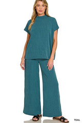 Zenana Raised Ribbed SS Tee & Pant Set