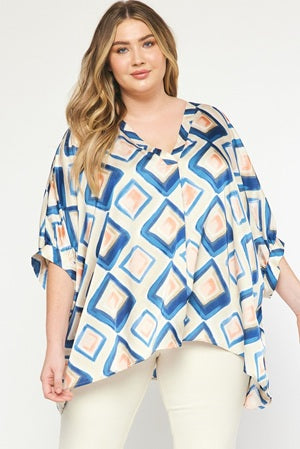 Plus Short Sleeve Geometric Print Top