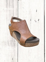 Corkys Carley sandals with taupe upper on a cork wedge