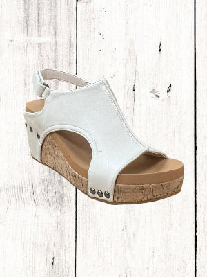 Corkys Carley sandal with white upper on a cork wedge
